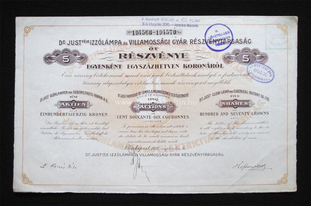 Dr Just-féle Izzólámpa részvény 5x170 korona 1921